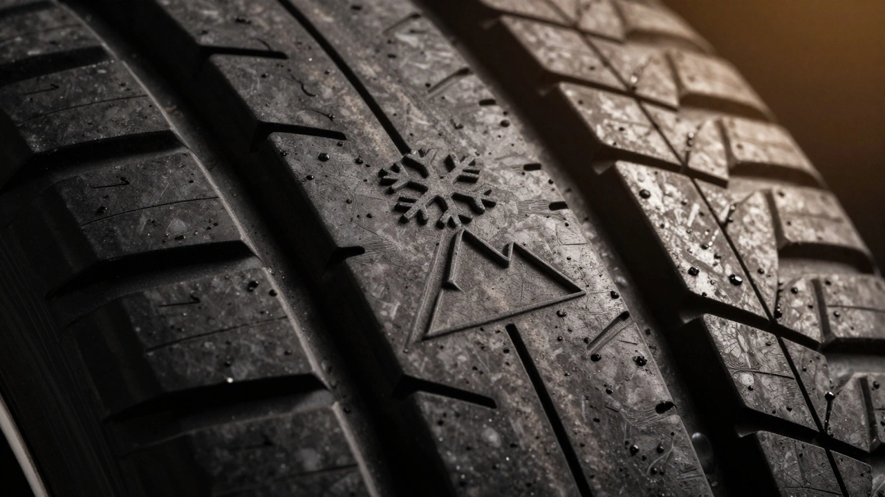 Деталь боковой части покрышки с отпечатанным знаком гор и снега.