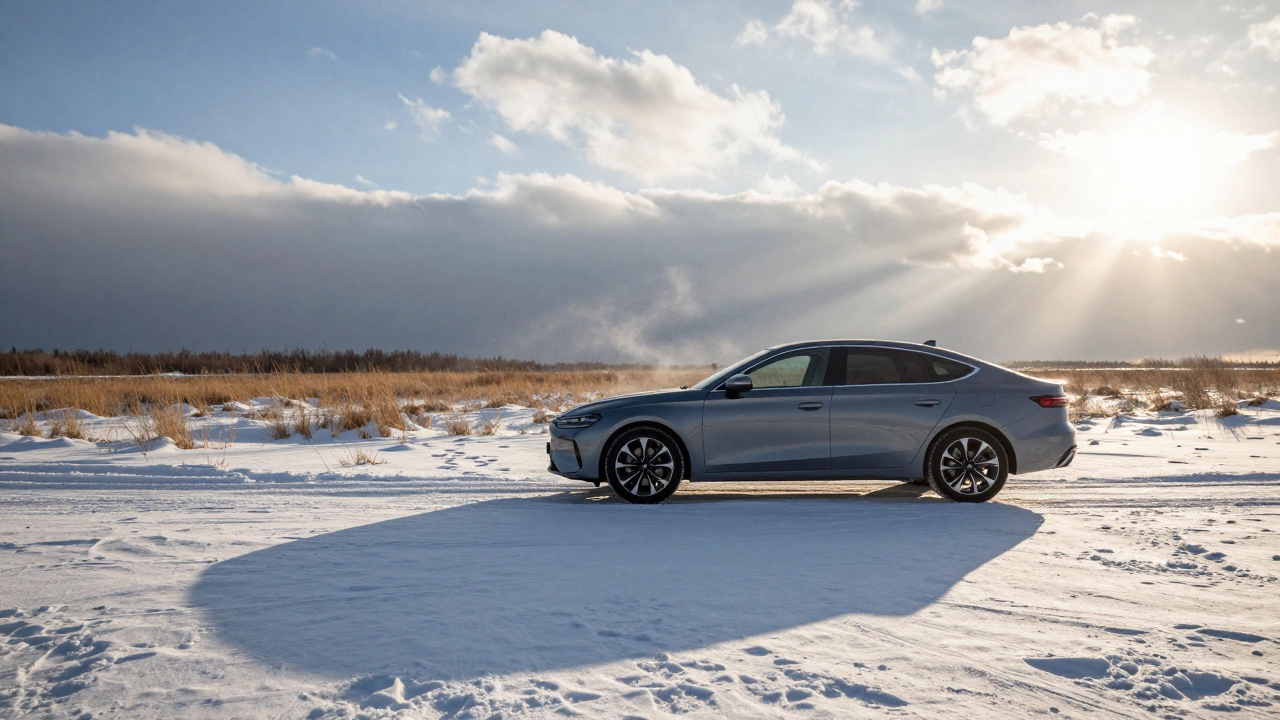 Машина в условиях суровой погоды, где сочетаются снег и жара.