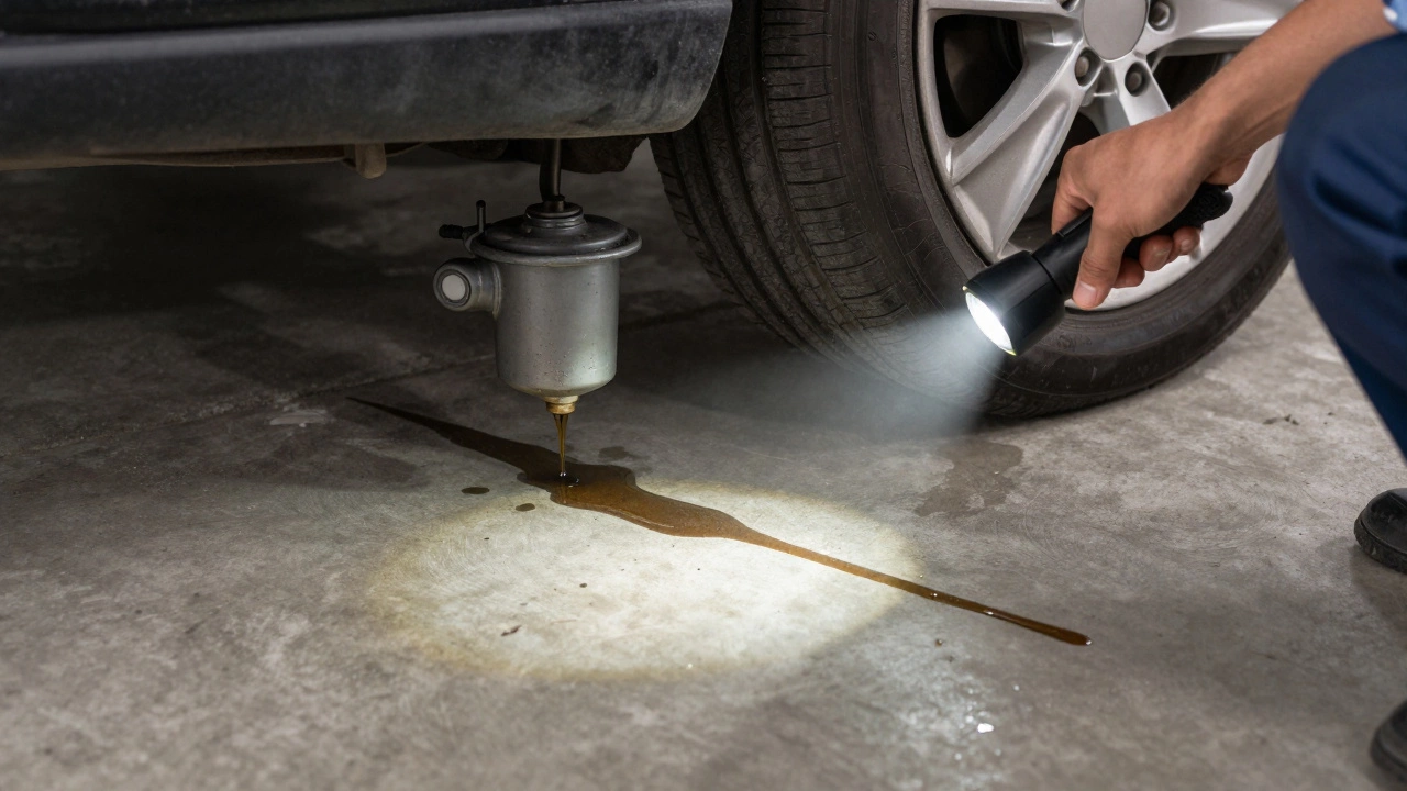 Масляная утечка под автомобилем у масляного фильтра и сливной пробки.