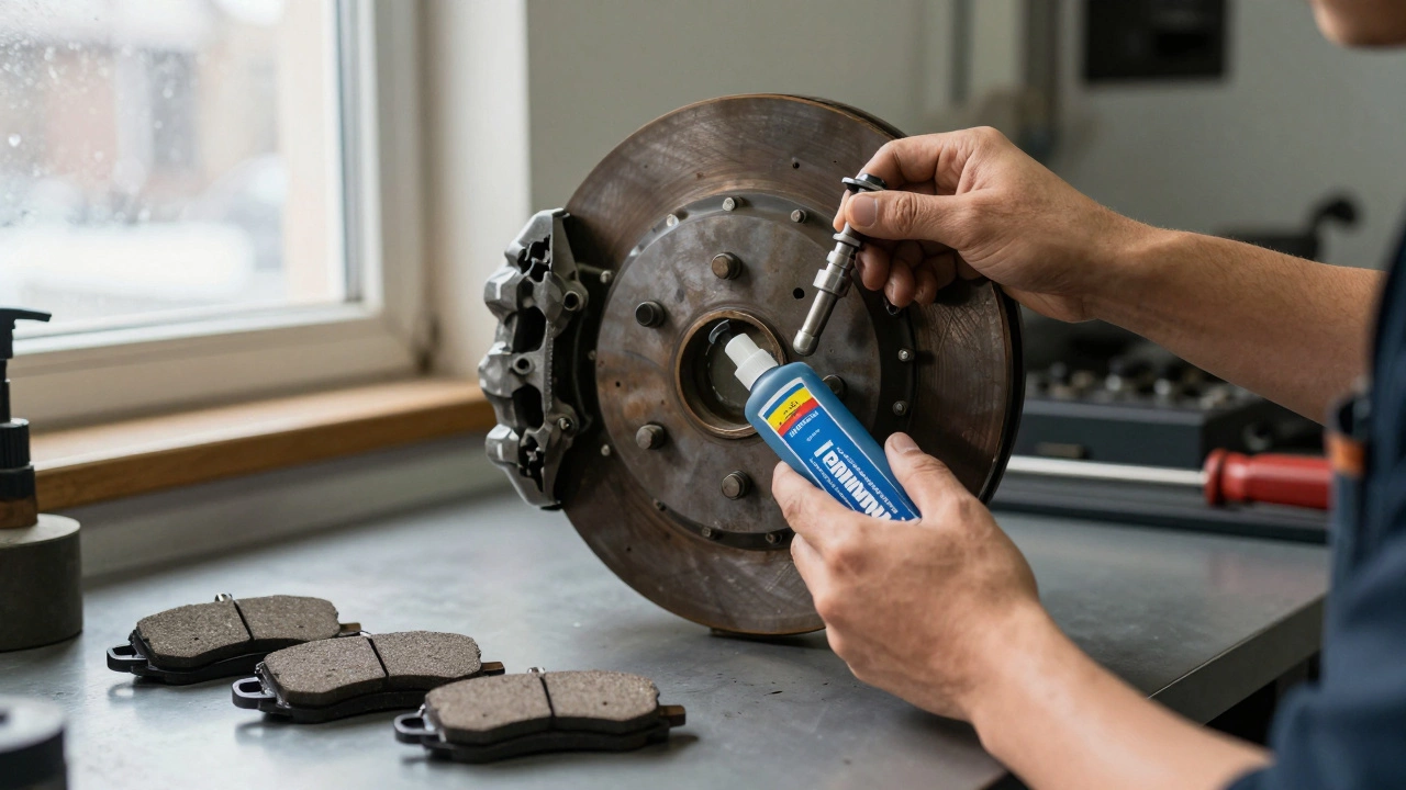 Механик наносит смазку на направляющие тормоза, рядом лежат керамические колодки с маркировкой брендов.