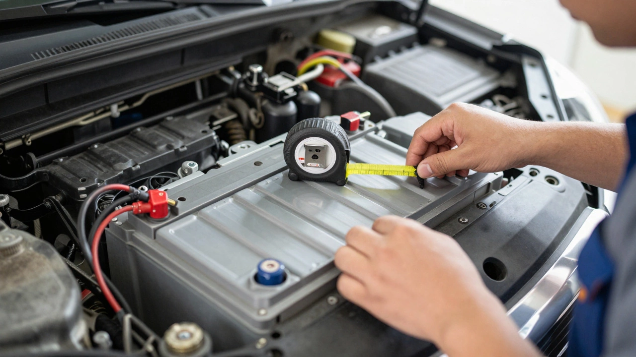 Механик проверяет отсек под аккумулятор при замене батареи