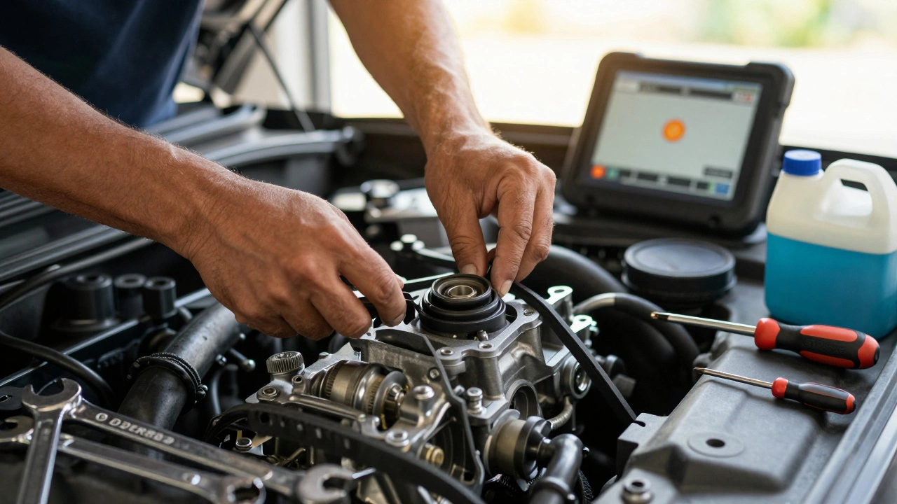 Механик устанавливает новый водяной насос во время замены ремня ГРМ, рядом лежат инструменты и ёмкость с антифризом.