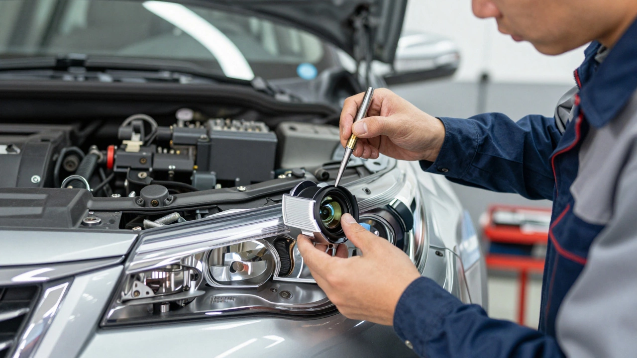 Механик устанавливает проекторы в автомобильные фары