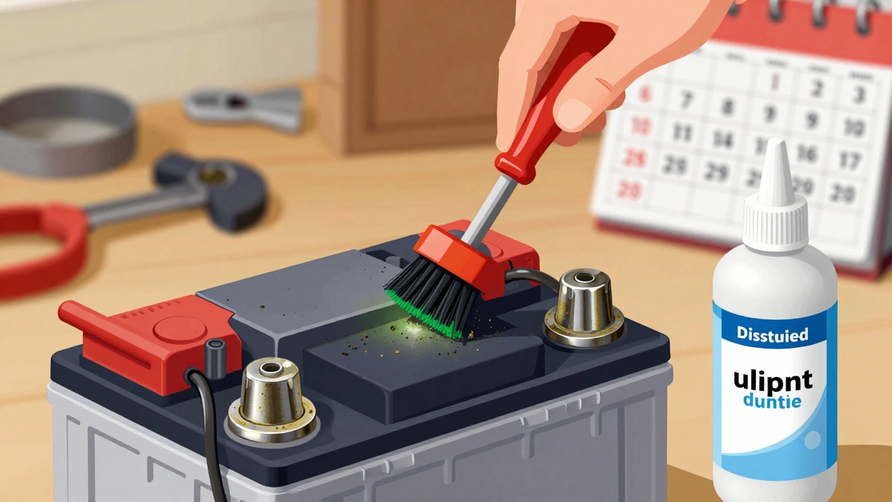 Очистка клемм автомобильного аккумулятора щёткой, снятие коррозии, рядом — дистиллированная вода и контактная смазка.