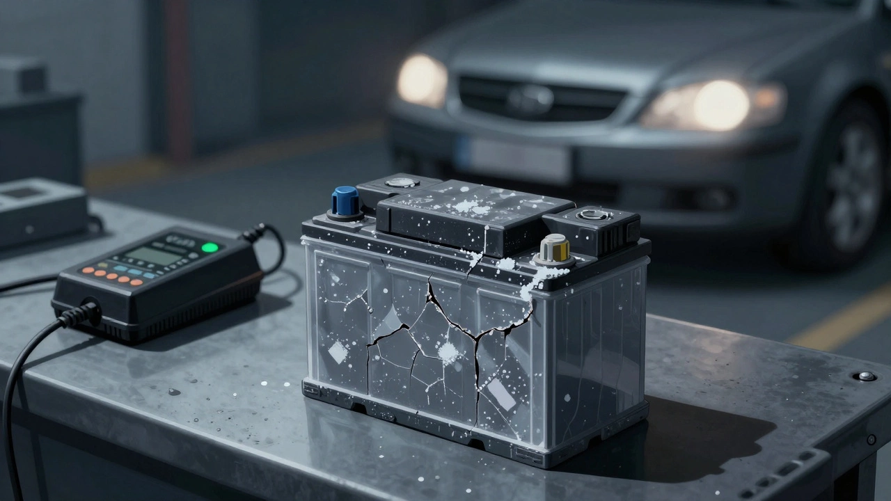 Разряженный аккумулятор с сульфатными отложениями на рабочем столе.