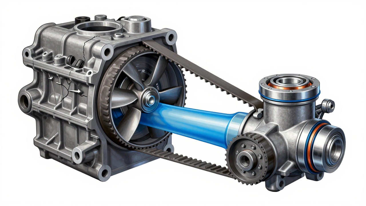 Схематичный разрез двигателя, показывающий, как ремень ГРМ приводит в движение водяной насос и циркулирует охлаждающую жидкость.