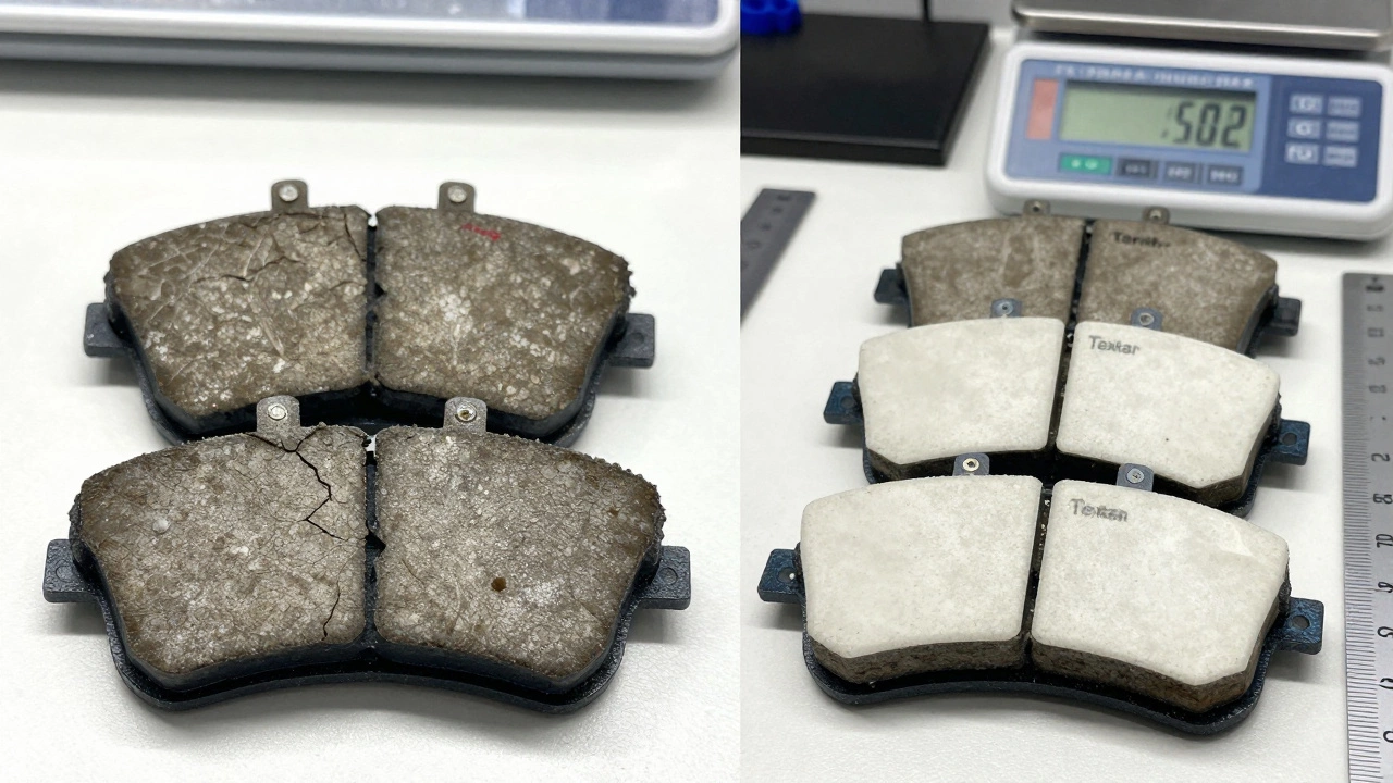 Сравнение изношенных колодок Raybestos и качественных аналогов Bendix, Akebono, Textar на рабочем столе.