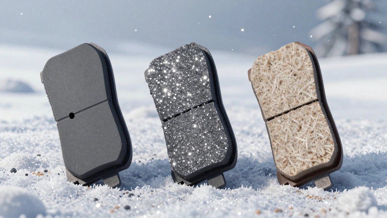 Сравнение трех типов тормозных колодок: керамических, полуметаллических и органических на фоне зимней дороги.
