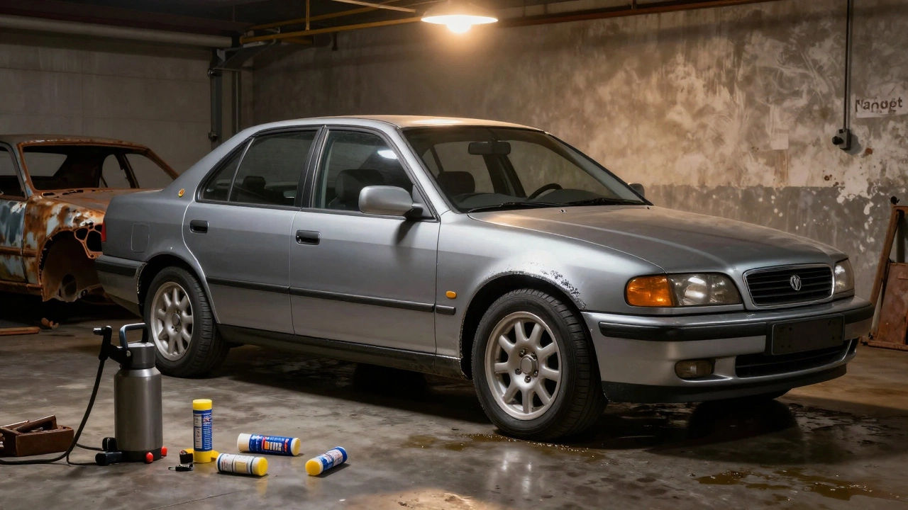 Старый автомобиль в гараже с обработкой антикором, рядом — разобранный повреждённый кузов.