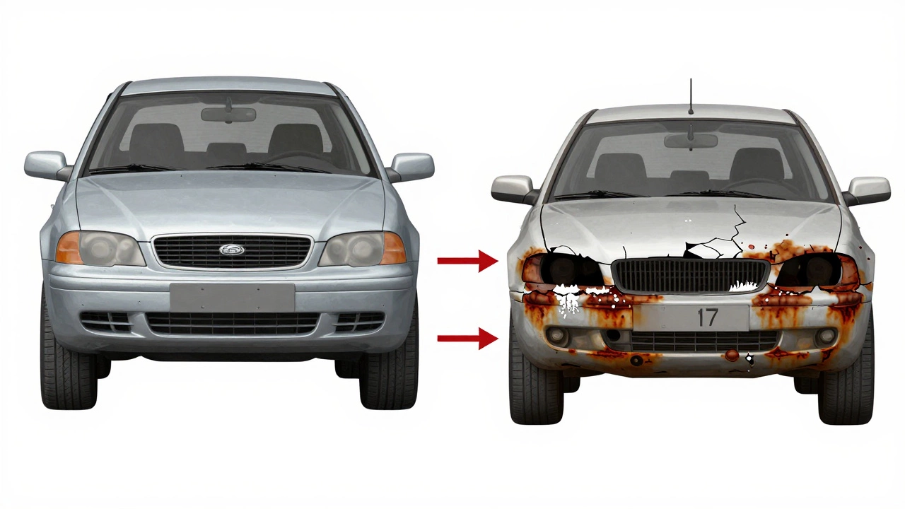 Технический разрез днища автомобиля: сравнение защиты цинком и прогресса ржавчины из-за соли.