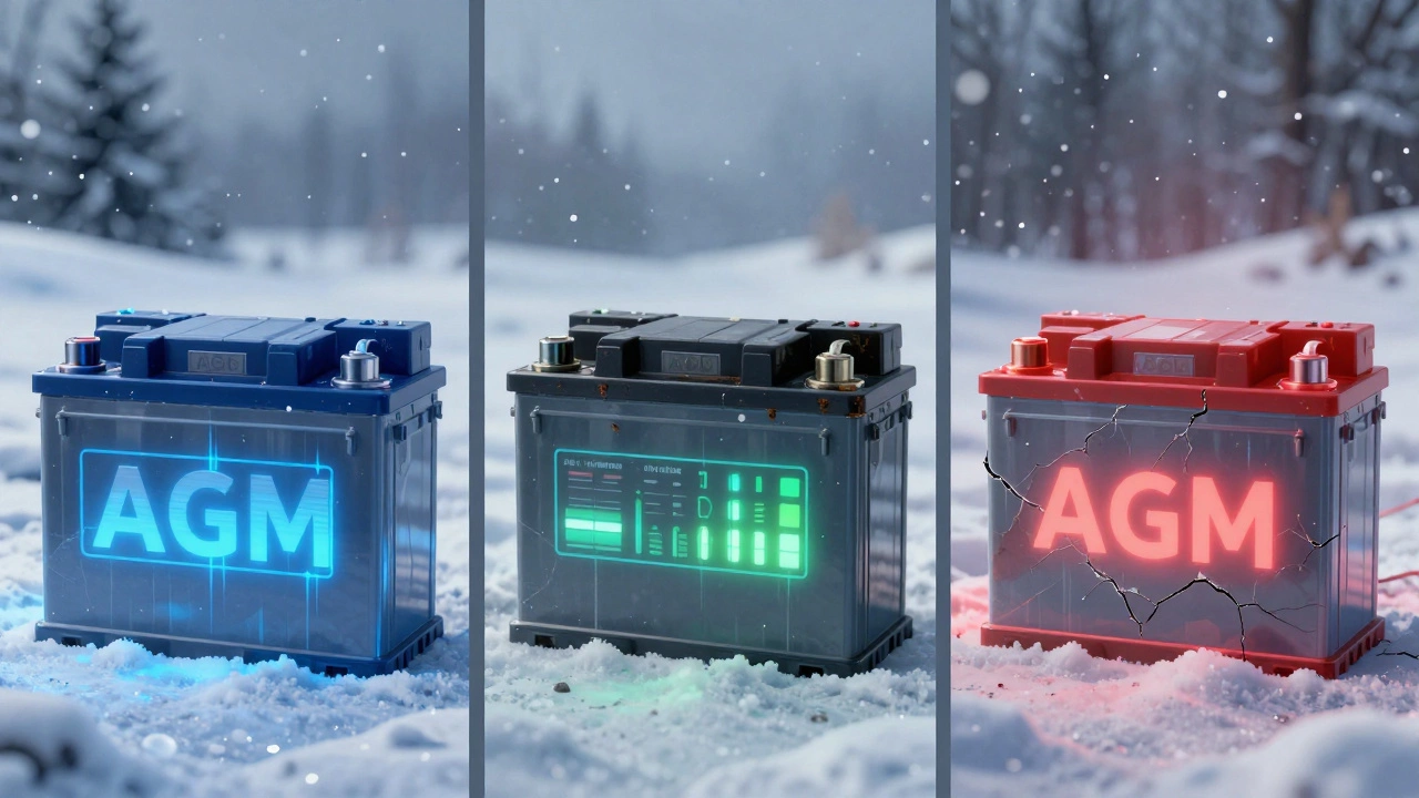 Три этапа старения аккумулятора: новый, через три года и повреждённый, на фоне зимнего пейзажа.