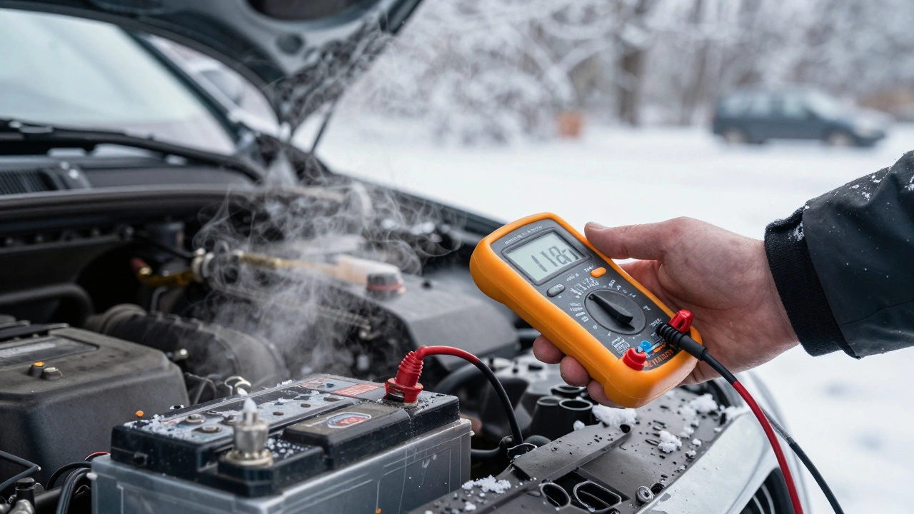 Водитель измеряет напряжение аккумулятора мультиметром при минусовой температуре, показатель 11,8 В.