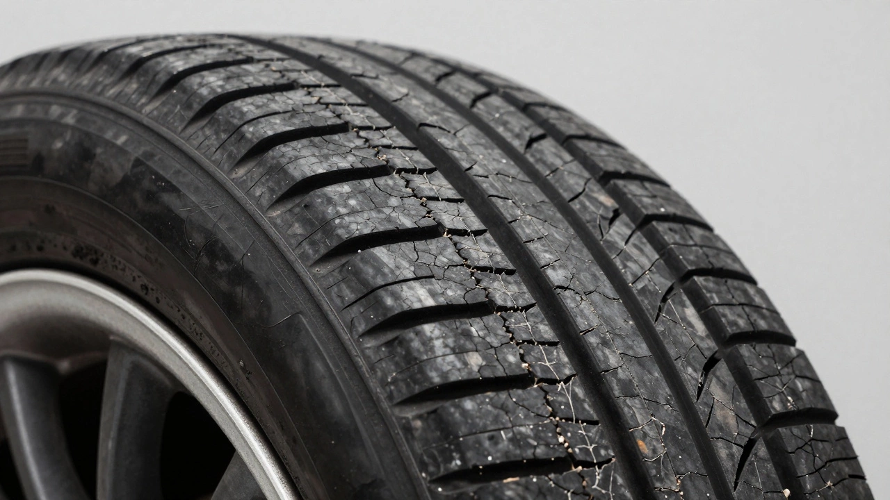 Крупный план трещин старения на боковине автомобильной шины