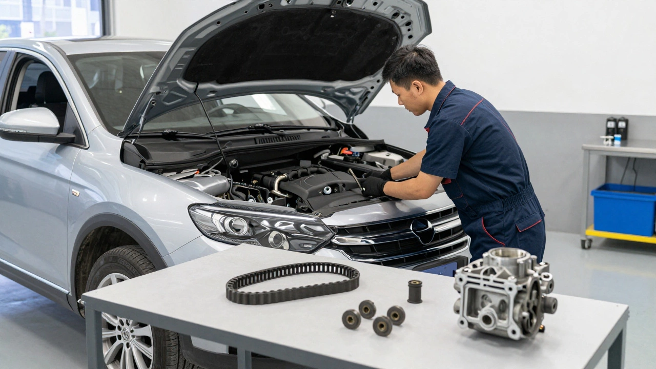 Механик заменяет комплект ГРМ в современном автосервисе