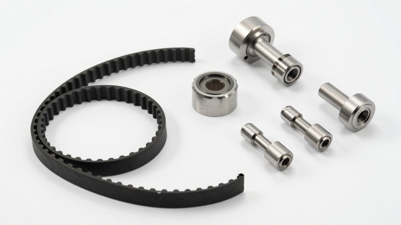 Новый комплект ГРМ: ремень и ролики на белом фоне