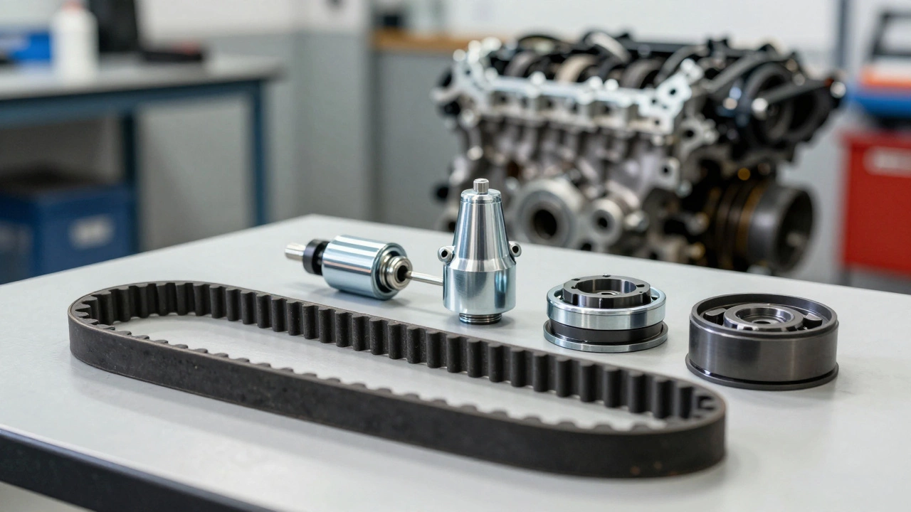 Новый комплект ремня ГРМ с роликами и натяжителем на верстаке в автосервисе