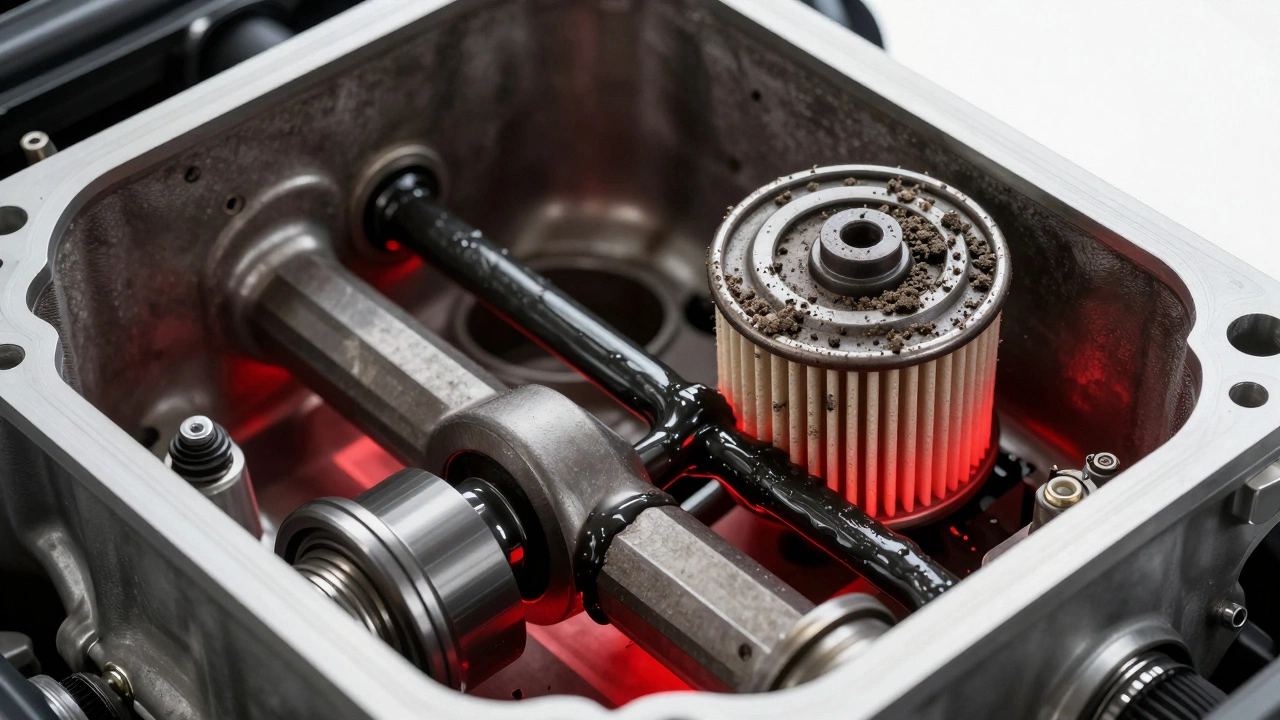 Схематичное изображение забитого масляного фильтра и загрязненных каналов двигателя