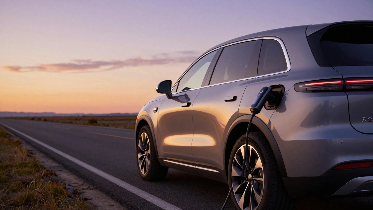 Современный внедорожник на трассе во время заката с зарядным устройством