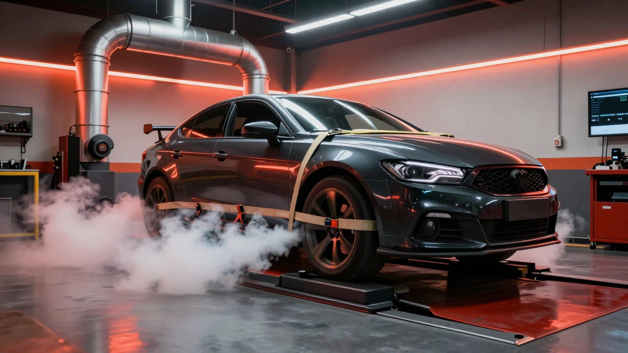 Спортивный автомобиль на диностенде в процессе замера максимальной мощности