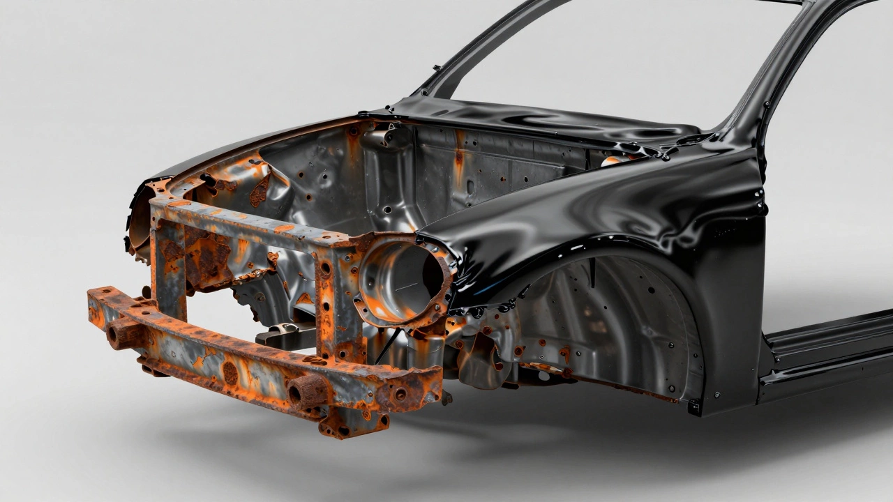 Сравнение проржавевшего металла кузова и защитного антикоррозийного слоя