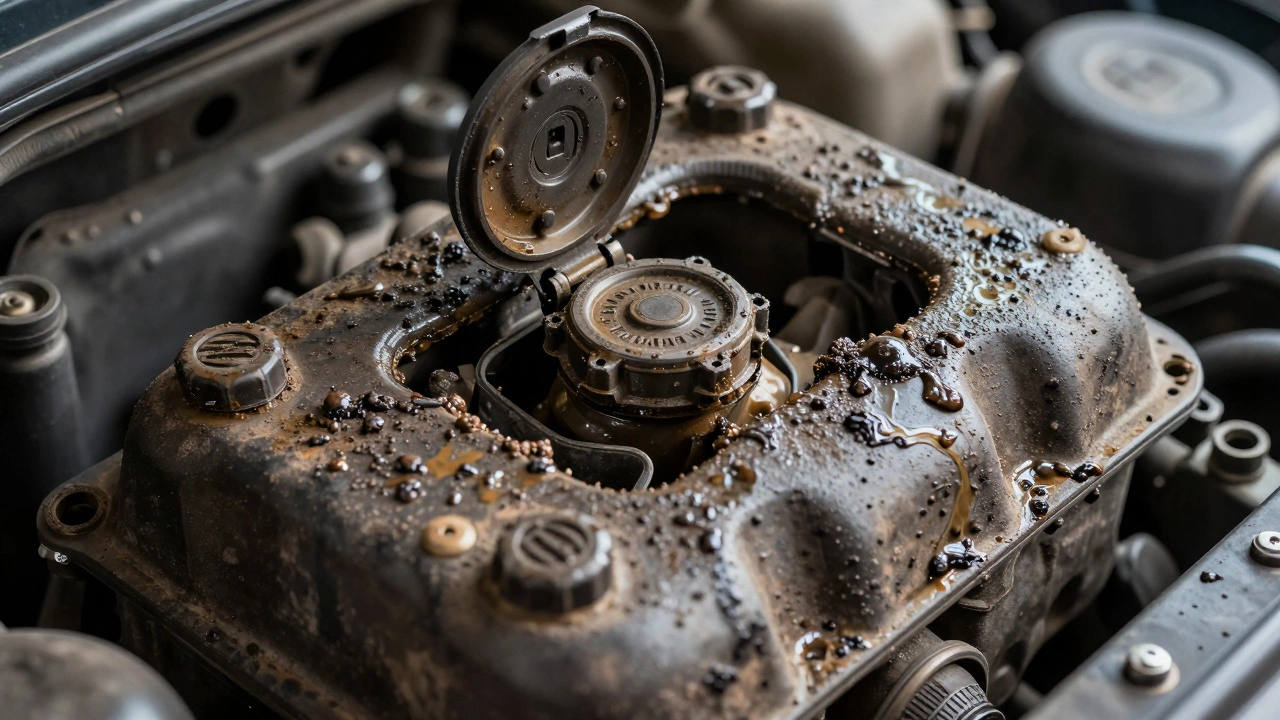 Вид замасленной крышки двигателя с толстым слоем коричневого шлама и нагара