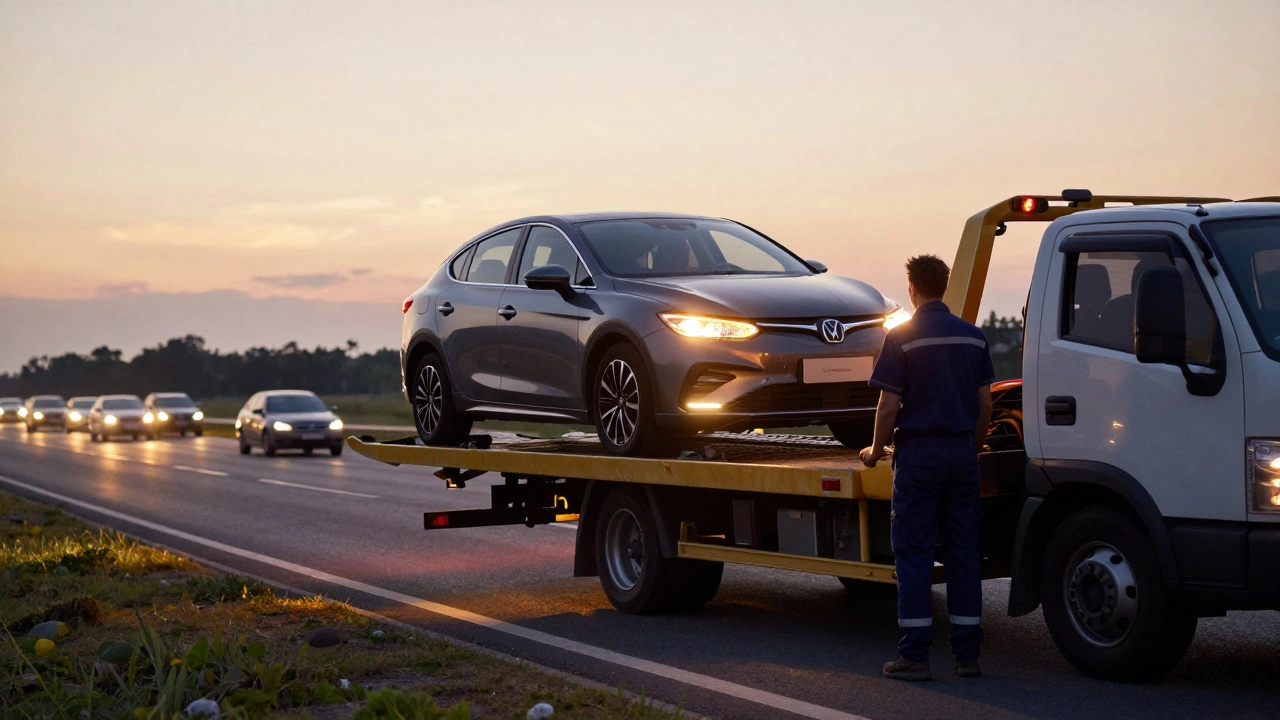 Автомобиль на эвакуаторе у обочины дороги с включенными аварийками